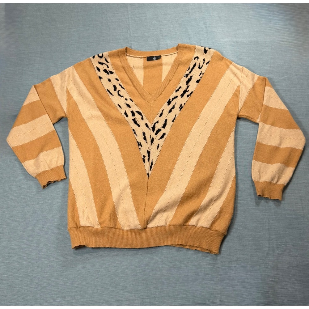 &‎ Brand Tan Striped V-Neck Sweater Leopard Print Accents Mens Large
